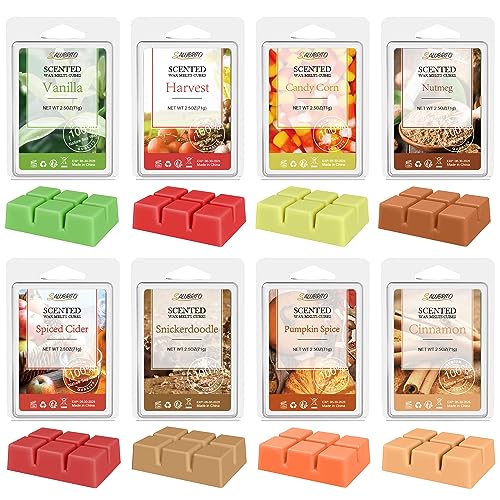 Salubrito Fall Scented Wax Melts, Autumn Wax Cubes Strong Scented, 8x2.5oz, Natural Soy Wax Melts Variety Gift Set for Warmer - Pumpkin Spice, Cinnamon, Harvest, Nutmeg and More