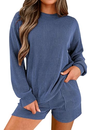 miduo Womens Fashion Outfits Two Piece Sets Pajamas Sets Ribbed Knit Crew Neck Long Sleeve and High Waist Shorts Matching Set Navy L