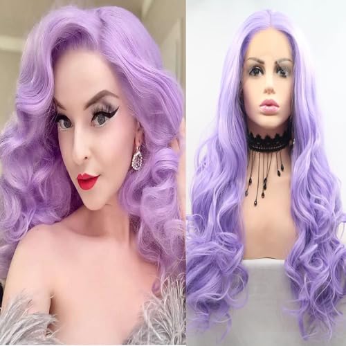 Perruque synthétique violet clair longue ondulée lavande avec dentelle frontale - 6