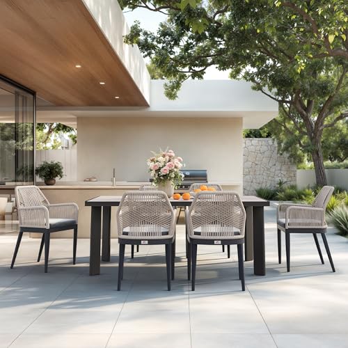 Image of PURPLE LEAF 7 Pieces Patio Dining Set with Armrests, Beige and Dark Grey | Sunbrella Color Lasts, Premium HPL Tabletop, Quick-Dry Textilene Rope Backrest, Stable Aluminum Frame, Removable Cushion