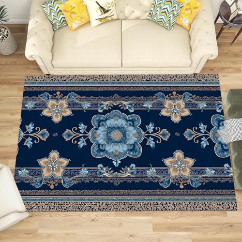 Tapis fleurs ethniques de tradition orientale bleu marine premium - 3