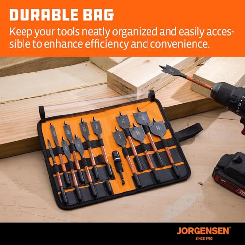 Image of Jorgensen 14-Piece Spade Drill Bit Set with Quick-Load Connector, High-Performance Carbon Steel Paddle Bits for Woodworking, Self-Feeding Threaded Tip, Assorted Bits 1 /4 inch to 1-1 /2 inch with Storage Pouch