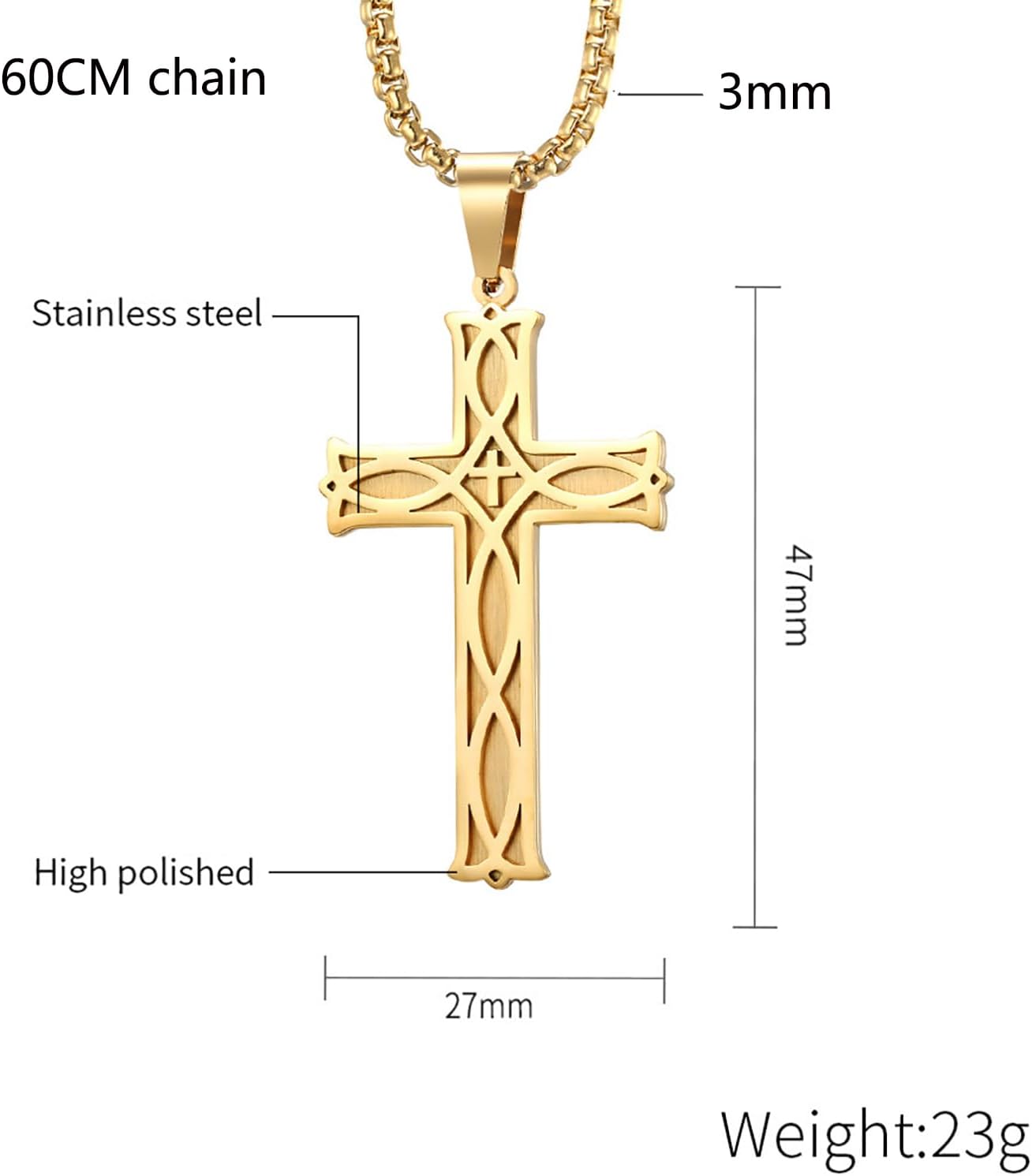 Cross Necklace for Men,Stainless Steel Black Silver Jesus Christ Crucifix Pendant Necklaces Meaningful Religious Jewelry，60cm Rolo Chain