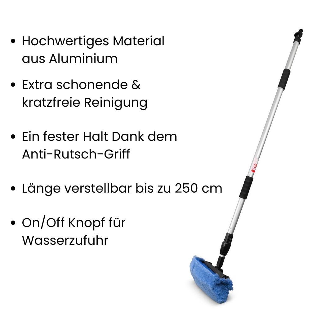 Autowaschbürste mit Teleskopstiel von 150-250 cm mit Wasseranschluss – Profi Waschbürste mit 4-Seiten-Kopf, weichen Borsten, Durchflussregulierung – ideal für LKW, Transporter, Haus & Garten