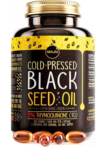 MAJUs Black Seed Oil Capsules - Cold Pressed 2% Thymoquinone 100% Turkish Black Cumin Nigella Sativa Seed Oil 100% Liquid Pure Blackseed Oil 60 Count 500mg per Capsule