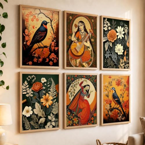 Image of kotart Premium Digital Madhubani Art Paintings with Frame for Home Decor - Framed Painting for Living Room Bedroom Office Room Decor - Painting for Wall Decoration - Pack of 6 (10X13, B)