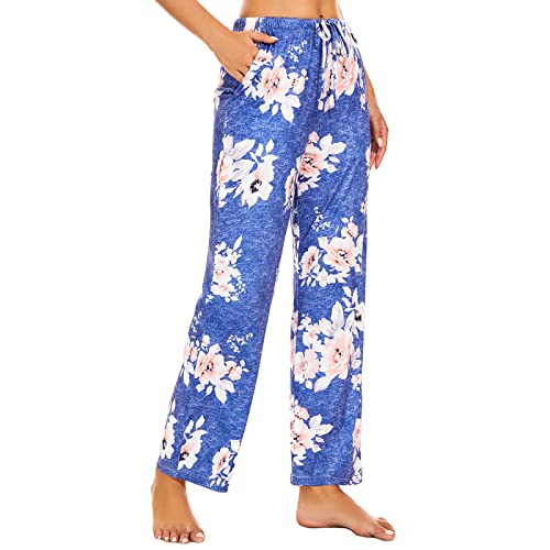 Rosa Junio Womens Yoga Pants With Pockets Wide Leg Loose Comfy Drawstring Print Lounge Pajama Bottoms Blue #TOP1