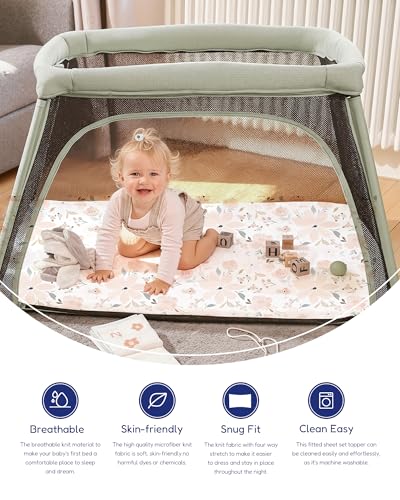 Image of TotAha Buttery Soft Mini Crib Sheets Girl, Floral Pack N Play Mattress Sheets Hypoallergenic, Premium Jersey Playrad Sheets, Pink Flower Graco Pack and Play Sheets Fitted 2 Pack