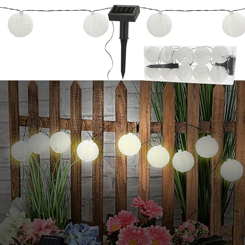 Cepewa Guirlande solaire à LED - Avec 10 lampions - Diamètre : 7 cm - 185 cm - En plastique polyester - 10 LED blanc chaud - Guirlande lumineuse à suspendre (1 guirlande lumineuse)