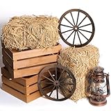 GliCraft 6 Pack 13 x 9 x 6 Inch Straw Hay Bale Stack Decoration Set Rustic Wooden Wagon Wheel Natural Hay Bales Boxes for Western Cowboy Photo Booth Props Birthday Farm Accessories
