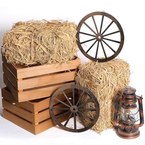 GliCraft 6 Pack 13 x 9 x 6 Inch Straw Hay Bale Stack Decoration Set Rustic Wooden Wagon Wheel Natural Hay Bales Boxes for Western Cowboy Photo Booth Props Birthday Farm Accessories