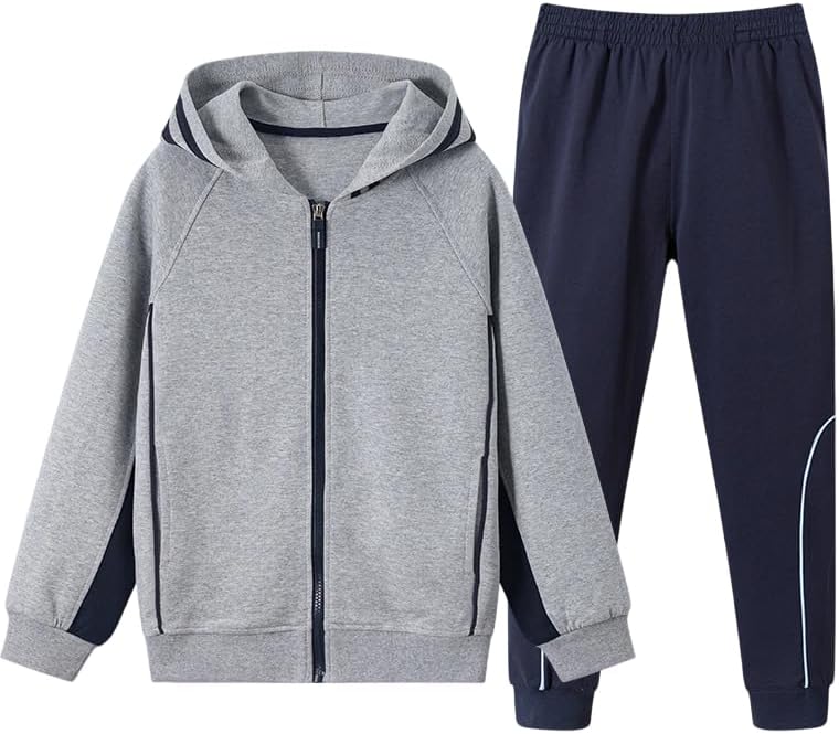 Boys' and Girls' Hooded Zipper Sweatshirt Set with Sweatpants Spring/Fall Sports Set Two-Piece (US, Numeric, 120, Gray suit)