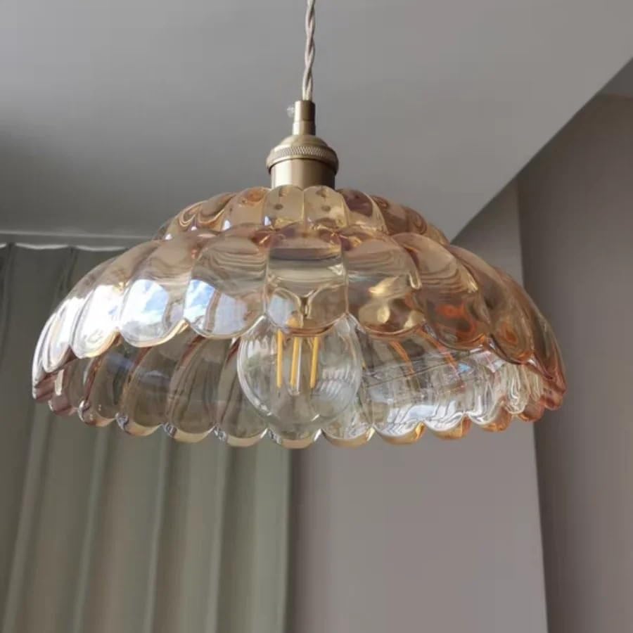 Lampe suspendue LED moderne en bois noyer et verre ambre avec interrupteur bouton en cuivre