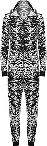 Womens Animal Aztec Zebra Print Onesie Ladies Playsuit Long Hooded Jumpsuit - Zebra - 8/10