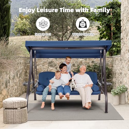 Image of HOMREST 3 Seat Outdoor Porch Swing with 1.5 inch Deepened Cup Holder, Adjustable Canopy, Patio Swing Bed with Stand, Patio Glider Swing with Thicken Cushions, Pillow for Yard, Garden(Blue)