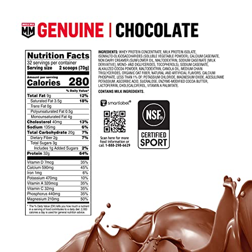 Muscle Milk Genuine Protein Powder, Chocolate, 4.94 Pound, 32 Servings, 32G Protein, 2G Sugar, Calcium, Vitamins A, C & D, Nsf Certified For Sport, Energizing Snack, Packaging May Vary #TOP6