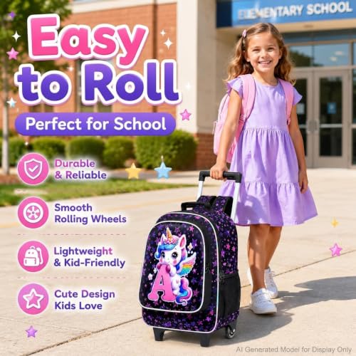 Image of CCJPX 18 inch Unicorn Rolling Backpack for Girls, 3Pcs Kids Wheeled Bookbag with Lunch Box, Lightweight Roller School Bag for Elementary Preschool (Black)