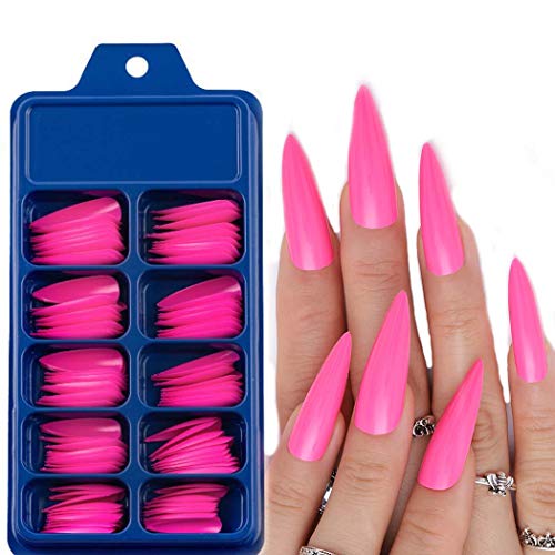 Outyua 100Pcs Hot Pink Press On Nails Stiletto Extra Long Fake Nails Glossy Acrylic False Nails Artificial Full Cover Nails Tips DIY for Women and Girls