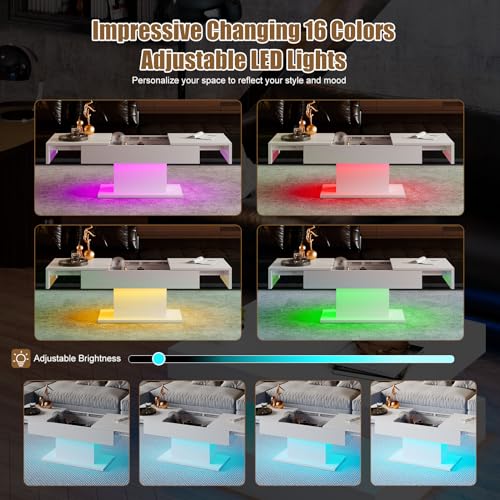 KEEPREAPER White Coffee Table with Storage | High-Gloss Modern Wooden Coffee Table, Sliding Top with Hidden Storage Drawers & 16-Color LED Lighting | Space-Saving Design for Living Room - Image 5