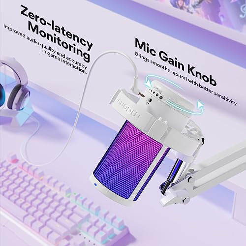 MAONO Microfono Gaming, USB Micrófono Condensador con Cancelación de Ruido para Streaming Podcast Studio, Compatible con PS5/PS4/Mac con Luces RGB, Botón de Silencio, Control de Ganancia, Blanco - imagen 4