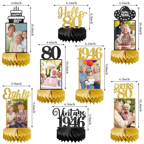 Image of Eucutur 8Pcs 80th Birthday Decorations Honeycomb Centerpieces for Women Men, Black Gold Vintage 1946 80th Bday Photo Table Centerpieces Party Supplies, Glitter Cheers to 80 Year Old Bday Table Topper