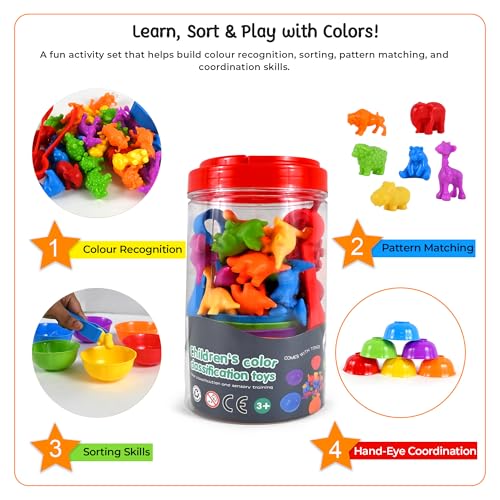 Image of BeFunky Counting Matching Game with Sorting Bowls, Color and Sensory Montessori Educational Learning Toys Set Gift for Toddlers Preschool Age 3+ Years Old (Animal Box)