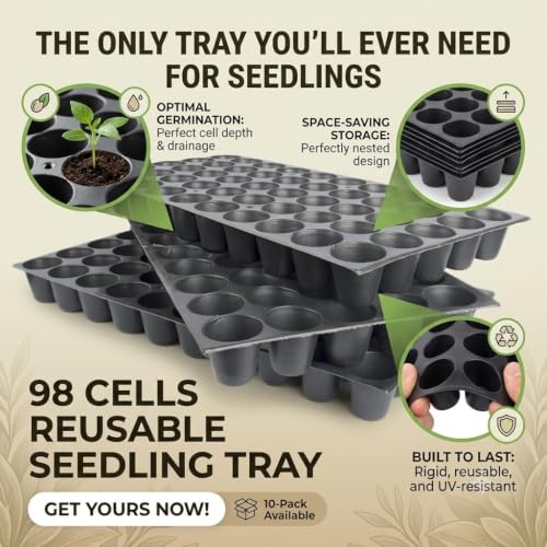 Image of 98 Reusable Seedling Tray - Pack of 3 (Black, 98 Holes /Tray) | Durable Plastic Germination Trays with Drainage Holes | Ideal for Seed Starting, Greenhouse, and Indoor Gardening