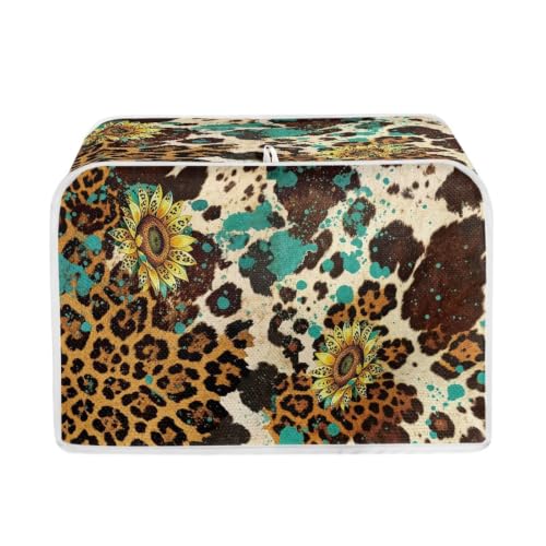 Image of Talayituse Sunflower Cow Leopard Print 2 Slice Toaster Dust Covers Kitchen Small Appliance Cover, Stain Resistant Dust Protection Bread Machine Cover with Top Handle, S