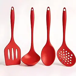 Kit 4 Utensílios de Cozinha em Silicone Premium Colher, Espátula, Concha e Escumadeira Resistente ao Calor Antiderrapante Fácil de Limpar Não Risca FONSES (Vermelho)