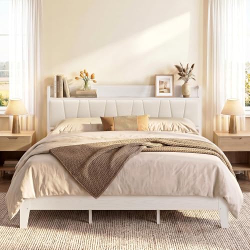 Image of LIKIMIO King Bed Frames, PU Leather Storage Headboard with Charging Station, Solid and Stable, Noise Free, No Box Spring Needed, Easy Assembly, White