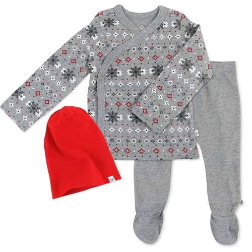 Image of HonestBaby 3-Piece Organic Cotton Kimono Top, Footed Pant & Headband/Beanie Set for Infant Baby Boys, Girls, Unisex