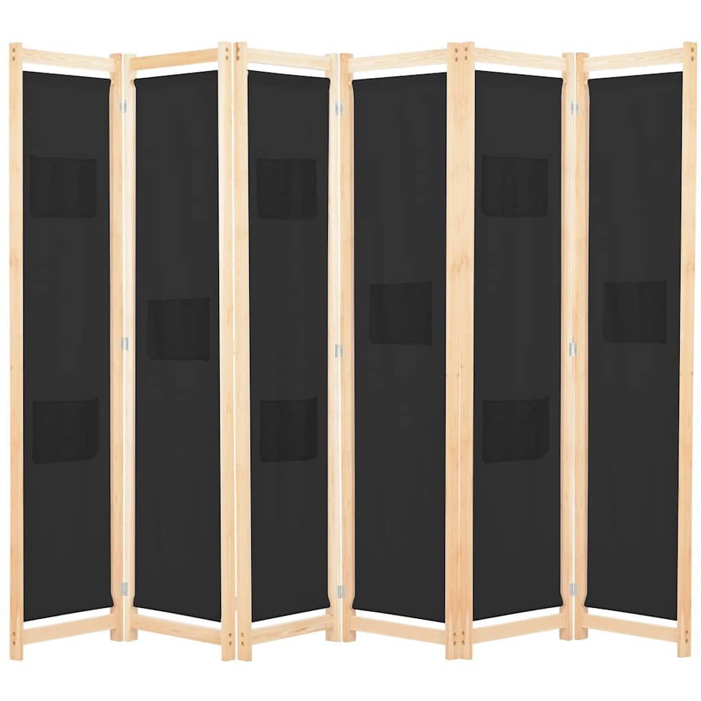 Paravent amovible tissu noir 6 panneaux avec rangement pour bureau et salon
