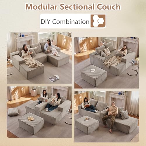 Image of 107 inch Modular Sectional Sofa with Ottoman, Modern Corduroy Cloud Couch with Deep Seat, Boneless Couch Upholstered 3-Seater U-Shaped Sofa for Living Room, No Assembly (Camel, Right-Facing Chaise)