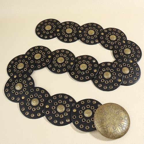 Western-Wide-Disc-Belt for Womens - Boho-Chunky Concho PU-Leather Belt for Dress Jeans3