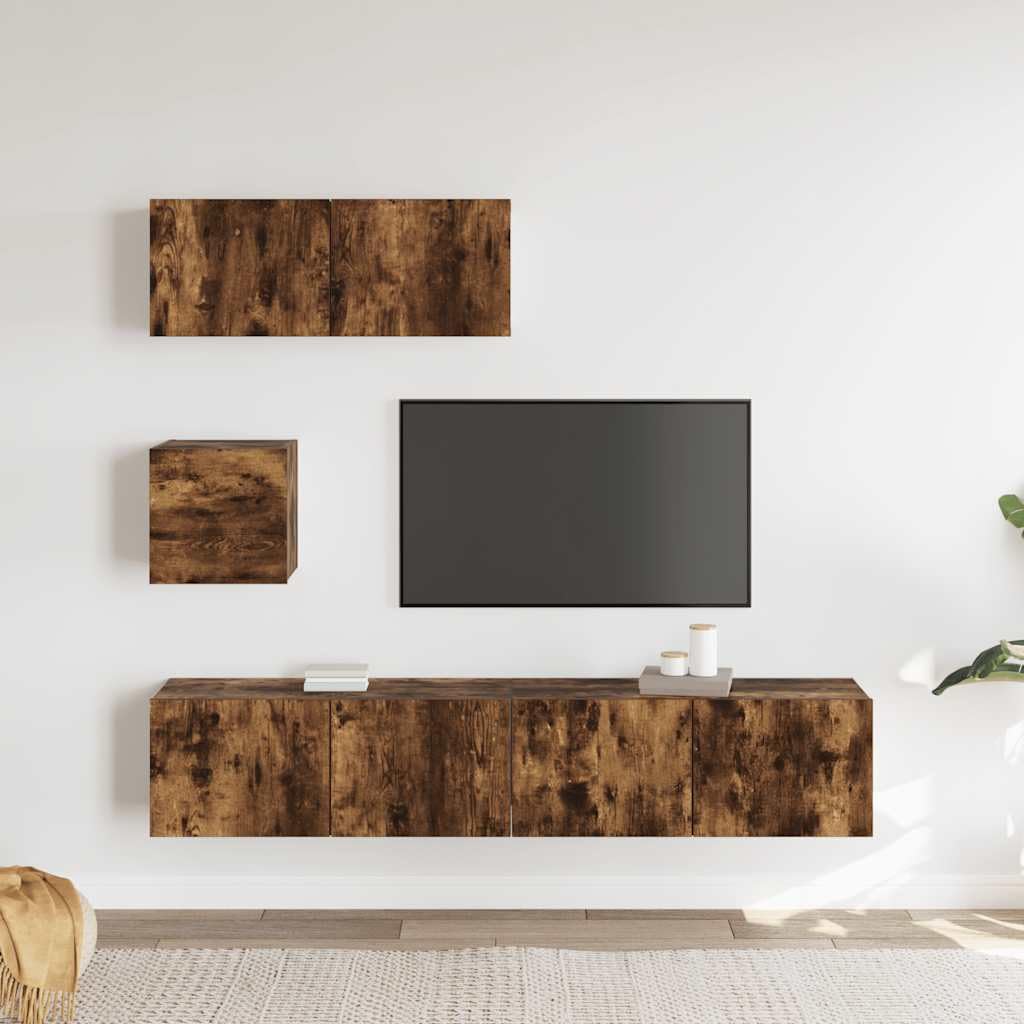 4-TLG. TV-Schrank-Set Räuchereiche Holzwerkstoff, Modernes Media-Center für Wohnzimmer, Wandmontage, Viel Stauraum, Langlebig