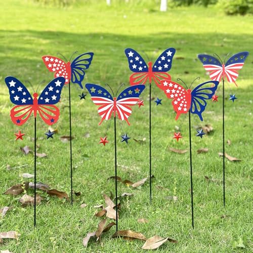 Image of 6 Pcs 4th of July Decorations Outdoor,18.2 inch Red White Blue Metal Butterfly Decorative Garden Stakes for Independence Day,Americana Patriotic Yard Signs Decor for Garden Lawn Porch