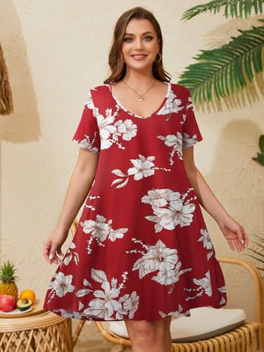 Image of ZENNILO Women's Plus Size Swing Dress with Pockets Casual Summer Dresses V Neck Short Sleeve T Shirt Dress for Women