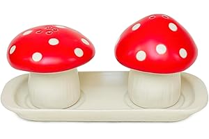 Mushroom Salt and Pepper Shakers Pair - Two Ceramic Shakers with Tray