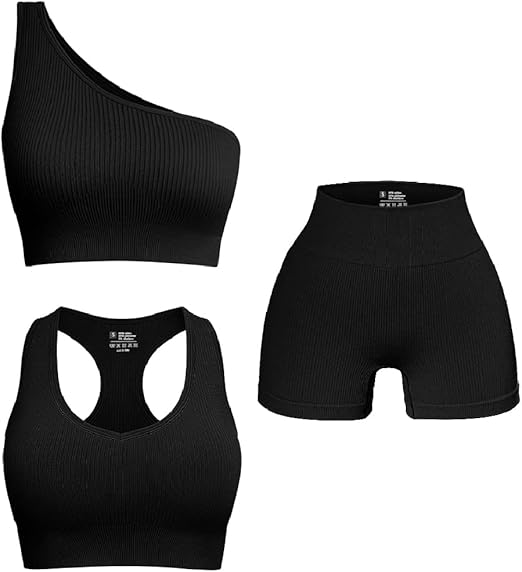 OQQ Women's 3 Piece Outfits Ribbed Seamless Exercise Scoop Neck Sports Bra One Shoulder Tops High Waist Shorts Active Set