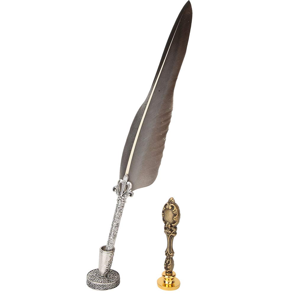 European Retro Stalówki ze stali nierdzewnej Zestaw wosków do pisania zanurzeniowego Prezent z pudełkiem do pakowania (SFDPS025031 pointed gray feather)