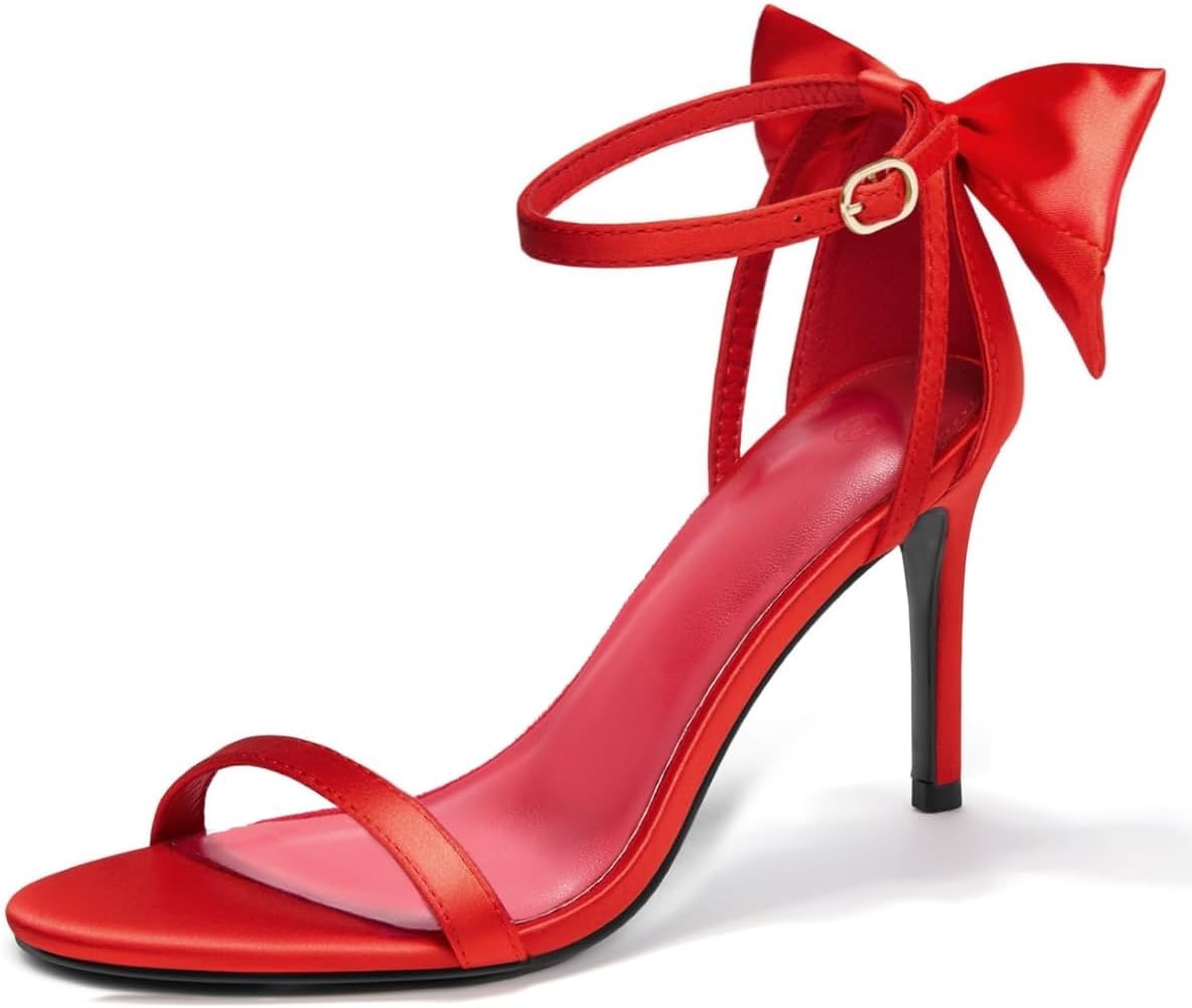 Coutgo Womens Ankle Strap High Heels Open Toe Stiletto Bow Tie Knot Heeled Sandals Fashion Wedding Dress Pump Shoes