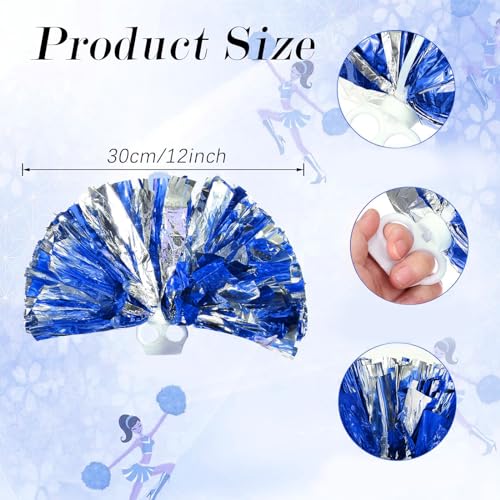 Extpro 12Pcs Cheerleading Pom Poms with Finger Holes Metallic Foil Cheer Pom Poms for Dance, Matches, Team Spirit Sports, Stage Performance, Carnival Celebration,12PCs Blue Silver - Thumbnail 3