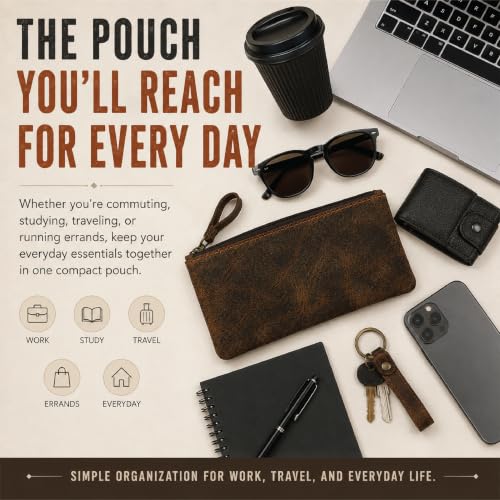 Image of Leather Pencil Pouch, Currency Pouch, Leather Pencil Case, Zippered Pouch Paper Money, Pen Case, Pen & Marker Case, Pencil Case For Artists & Professionals (Brown)