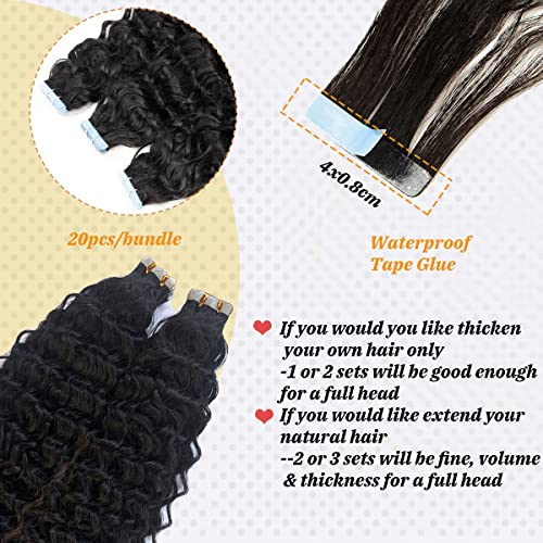 Tape In Water Wave Hair Extensions Human Hair #1B Natural Black Remy Hair Tape Ins Double Sided Skin Weft 20Inch Extensions Loose Curly Remy Human Hair Tape In Extensions For Black Women 20Pcs 50G #TOP3