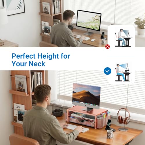 Image of OPNICE Desk Organizers and Accessories, Computer Monitor Stand Riser with Drawer and 2 Pen Holders, Printer & Laptop Stand, Office Desk Accessories & Workspace Organizers for Home Office Supplies, Rose Gold