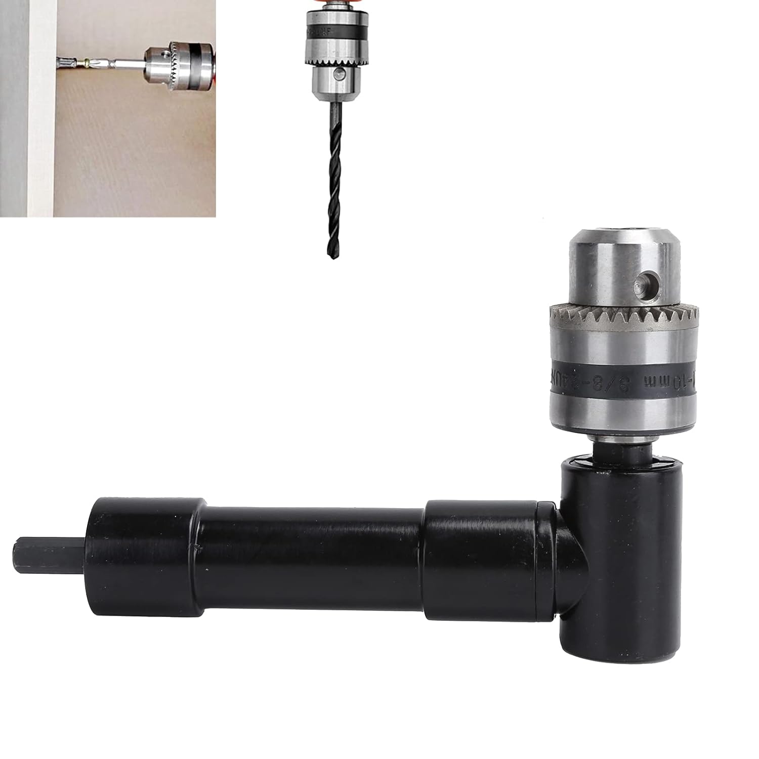 Right Angle Drill Attachment, 90 Degree Drill Adapter Extension, Black Plastic and Aluminum Alloy - Keyless Chuck, Adjustable Clamping, Ideal for Tight Spaces and Electric Drills