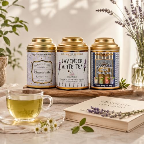 Image of Sancha Tea Boutique, Calming Tea Bundle, Lavender, Chamomile & Mint Herbal Infusions, 50 Pyramid Bags & 100g Loose Leaf, Caffeine Free Relaxation Value Pack