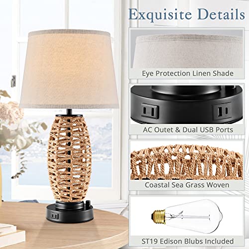 Lediary Coastal Rattan Table Lamp With Ac Outlet And 2 Usb Ports, 0-100% Dimmable Wicker Lamps For Bedrooms Set Of 2, Farmhouse Boho Lamps For Beachy Living Room, 2200K Bulbs Included #TOP6