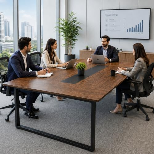 Image of Conference Table for Office & Meeting Room | Large Executive Meeting Table | Modern Office Conference Table | Tabletop with Black Metal Frame | Rustic Brown- 180 x 120 x 75 cm