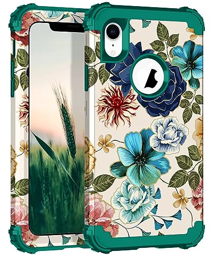 Hocase Heavy Duty Case for iPhone XR, Teal Flowers